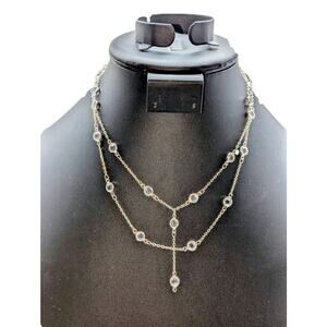 Double Strand Silver Tone Crystal Station Y Drop 15.5" Choker Necklace